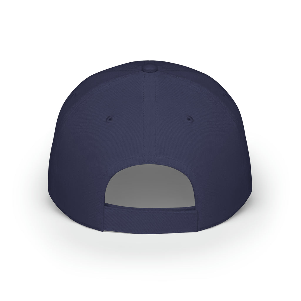 Back-view of a navy blue baseball hat with a velcro strap.