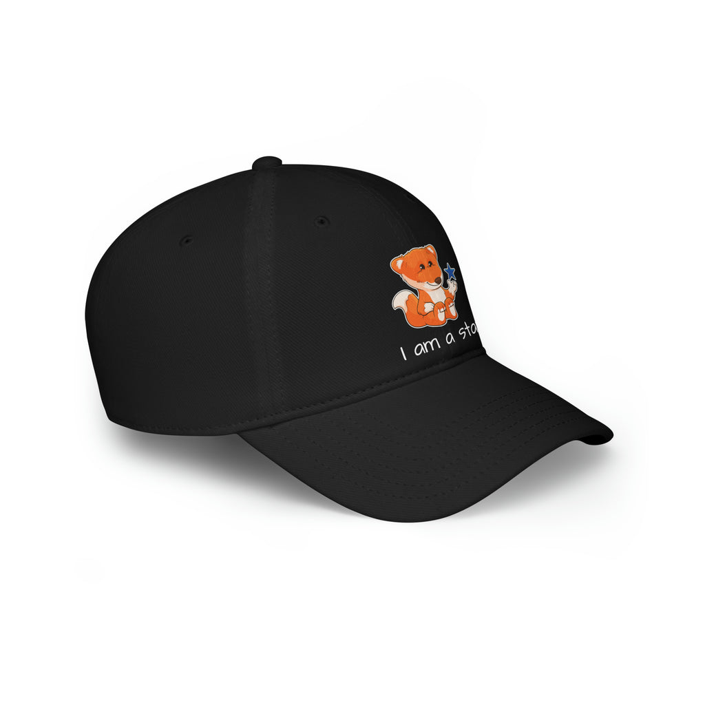 Side-view of a black baseball hat with a picture of a fox that says I am a star.