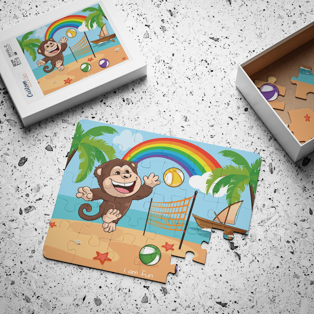 A 30 piece puzzle with a scene of a monkey playing volleyball on a beach, a rainbow in the background, and the phrase "I am fun" along the bottom. The puzzle is mostly assembled next to its container box.