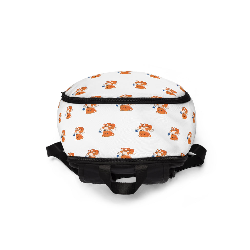 Top-view of a backpack with a repeating pattern of a fox.