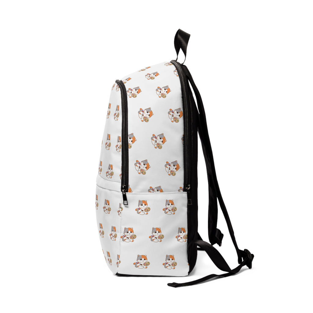 Other side-view of a backpack with a repeating pattern of a cat.