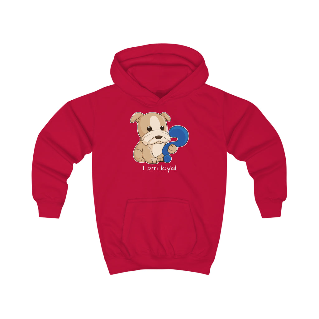 A red hoodie with a picture of a dog that says I am loyal.