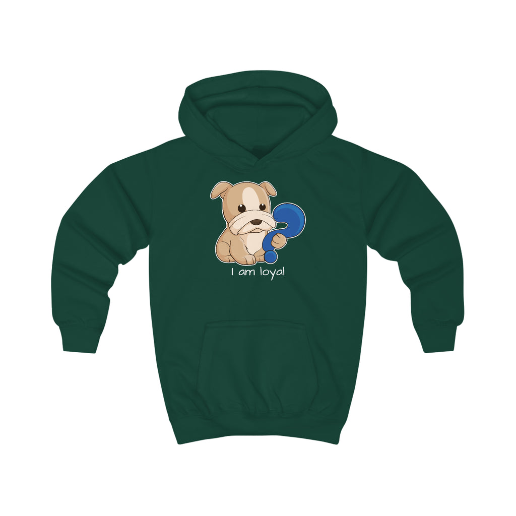 A dark green hoodie with a picture of a dog that says I am loyal.