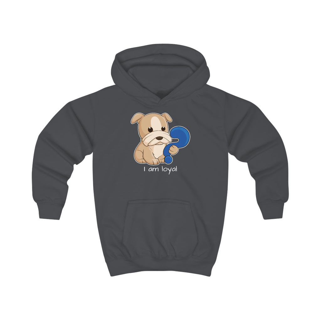 A charcoal grey hoodie with a picture of a dog that says I am loyal.