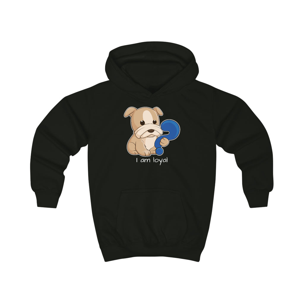 A black hoodie with a picture of a dog that says I am loyal.