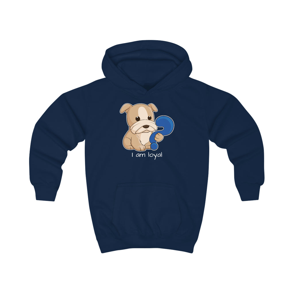 A navy blue hoodie with a picture of a dog that says I am loyal.