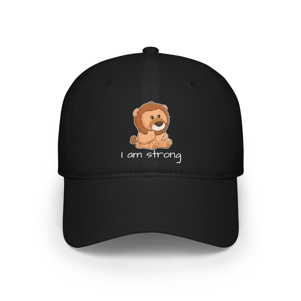 Front-view of a black baseball hat with a picture of a lion that says I am strong.