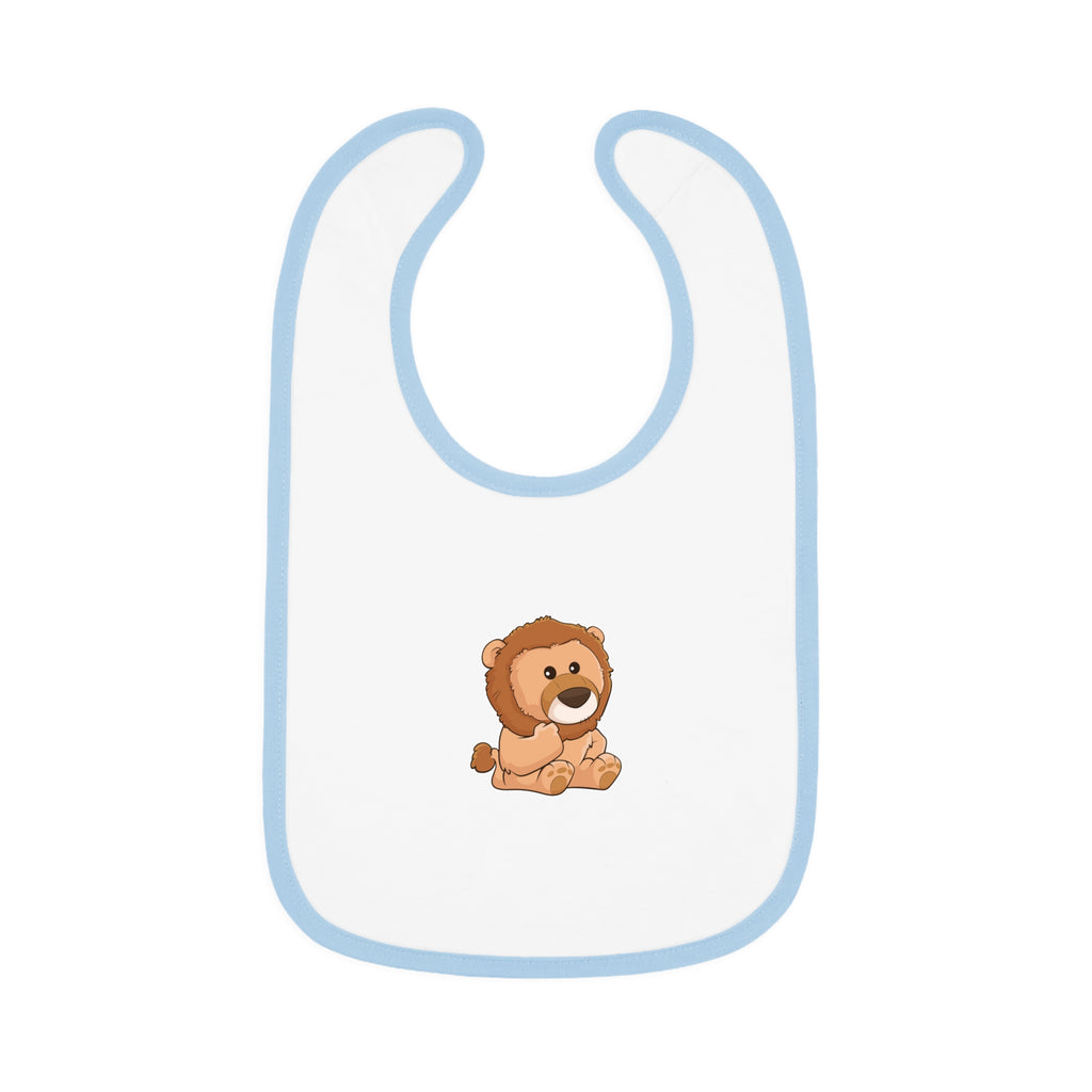 A white baby bib with light blue trim and a small picture of a lion.