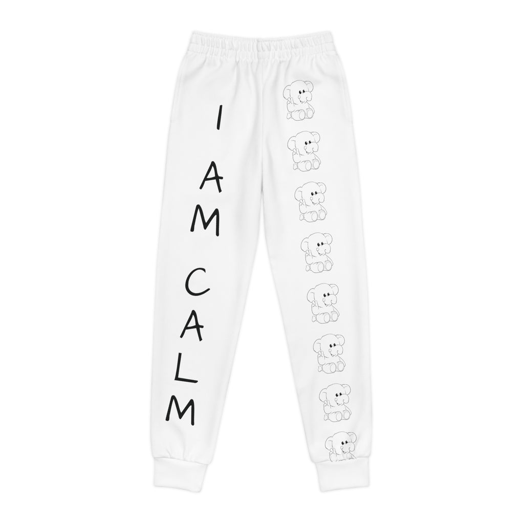 White sweatpants with a line of black and white elephants down the front left leg and the phrase "I am calm" down the front right leg.