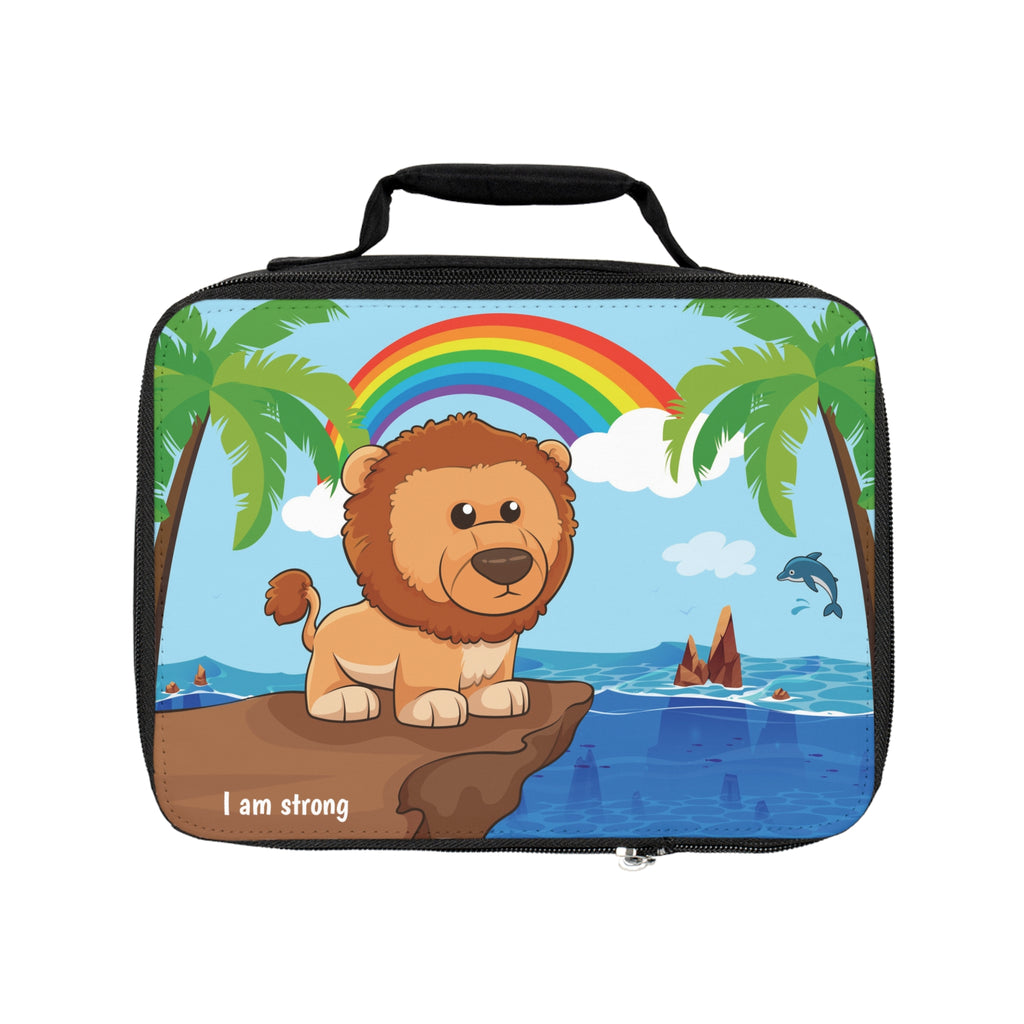 A rectangular lunch bag with a scene on the front of a lion standing on a cliff over the ocean, a rainbow in the background, and the phrase "I am strong" along the bottom.