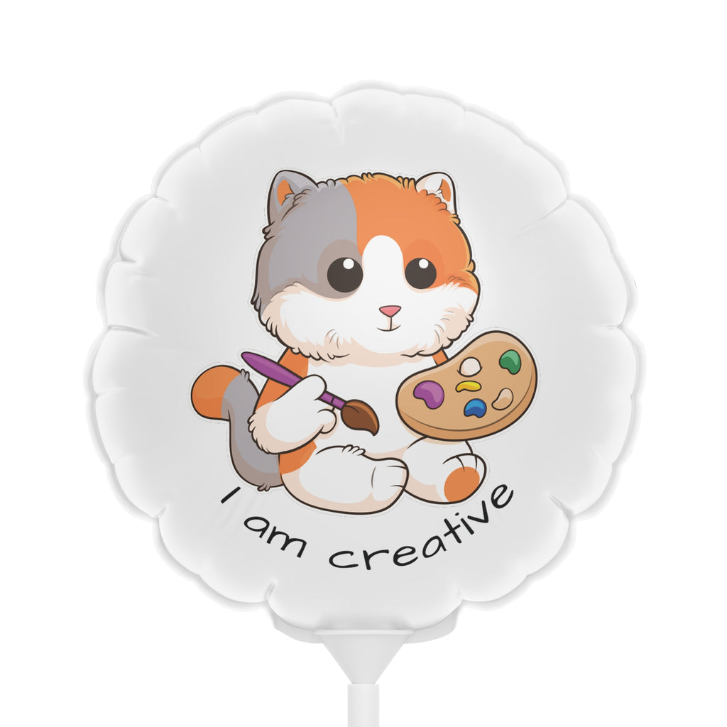 A round white mylar balloon on a stick with a picture of a cat that says I am creative.