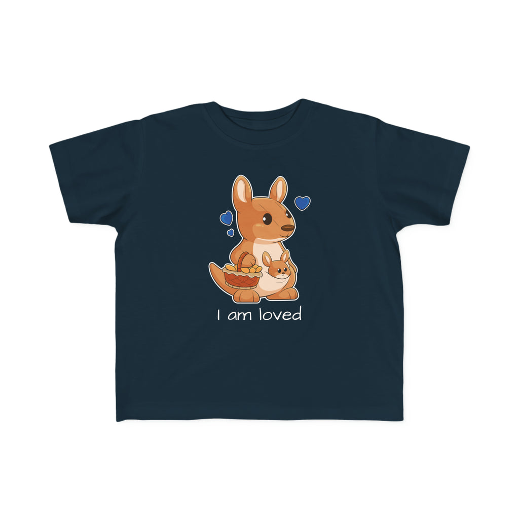 A short-sleeve navy blue shirt with a picture of a kangaroo that says I am loved.