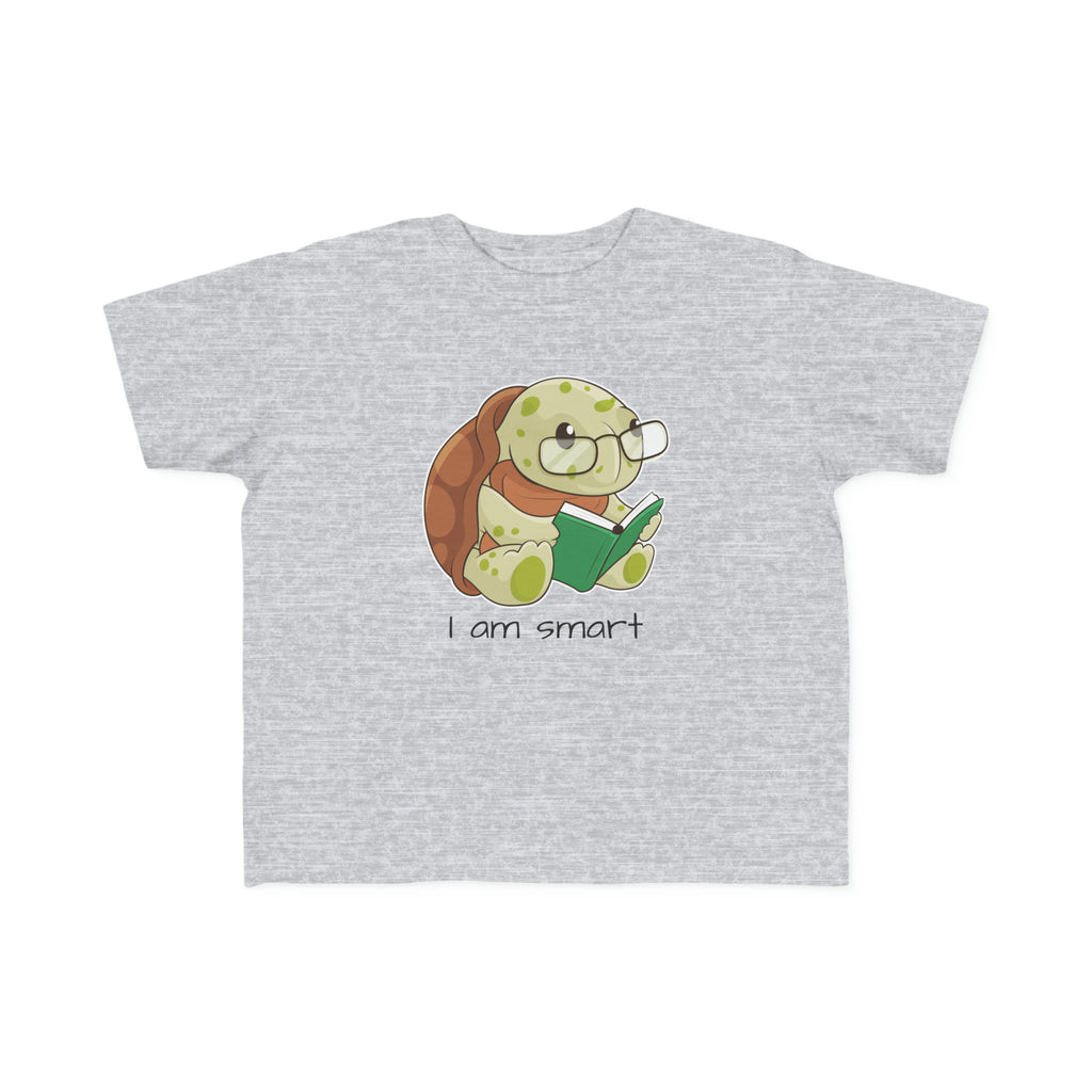 A short-sleeve heather grey shirt with a picture of a turtle that says I am smart.