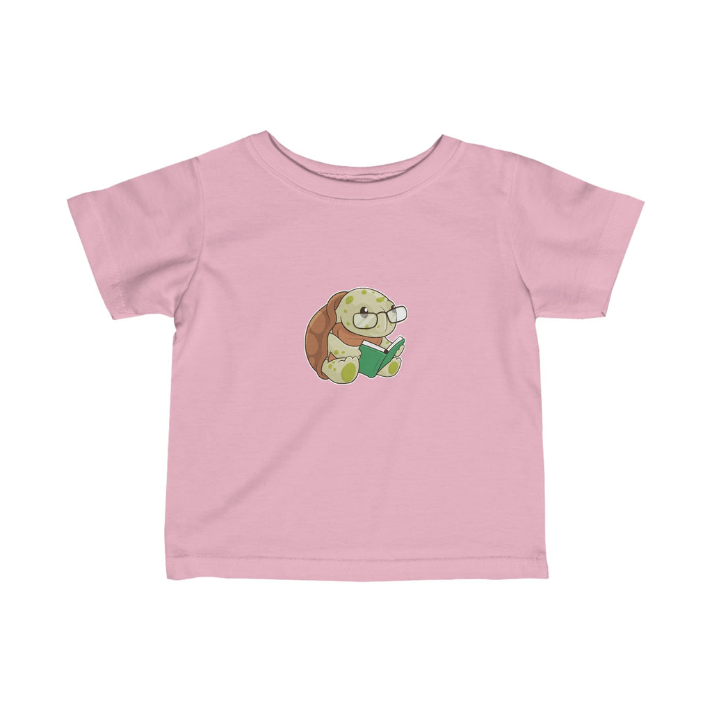 A short-sleeve light pink shirt with a picture of a turtle.