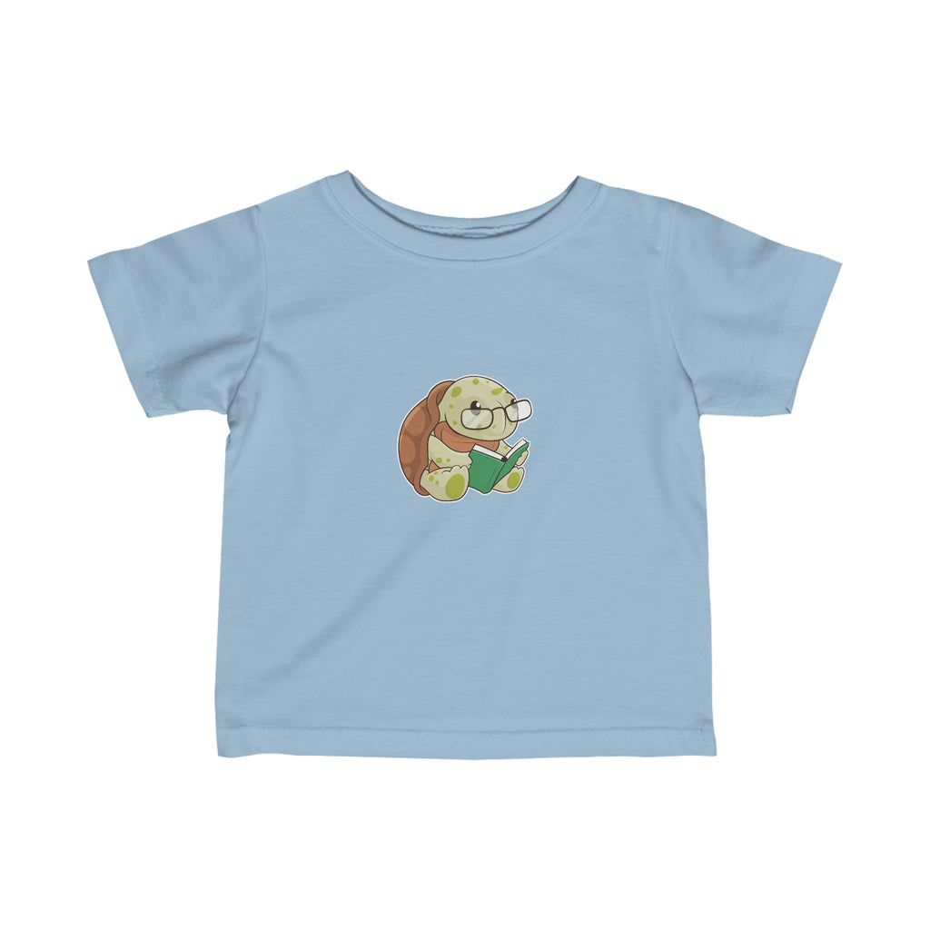 A short-sleeve light blue shirt with a picture of a turtle.