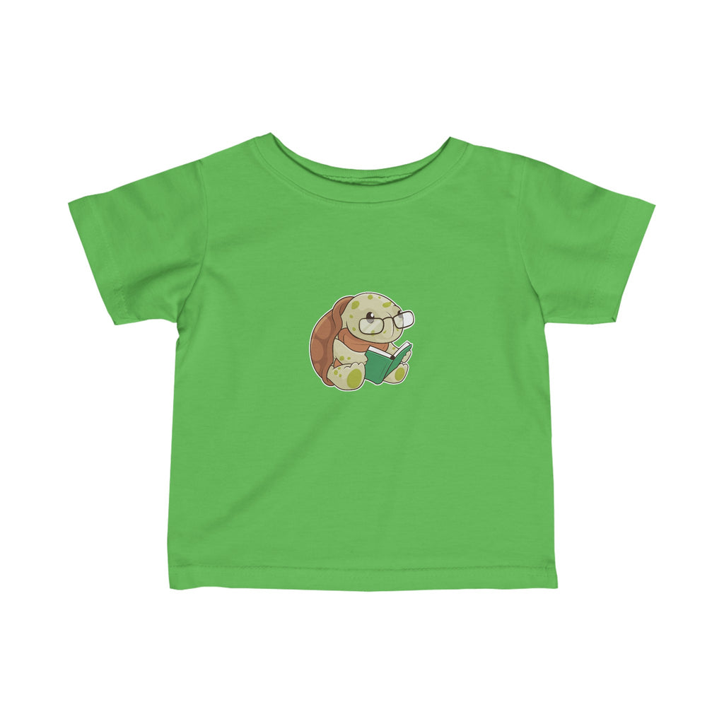 A short-sleeve green shirt with a picture of a turtle.