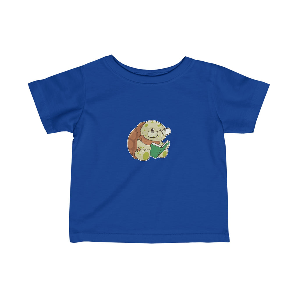 A short-sleeve royal blue shirt with a picture of a turtle.