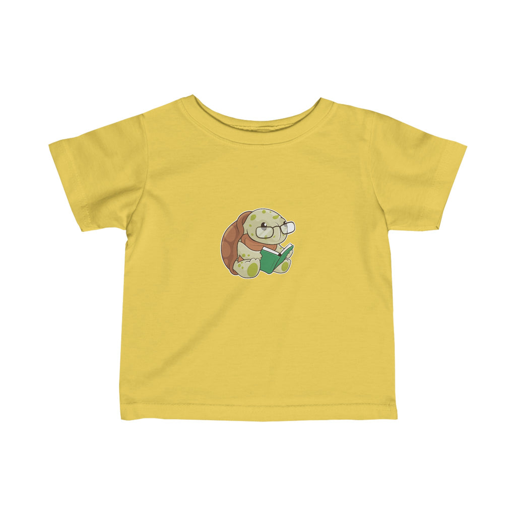 A short-sleeve yellow shirt with a picture of a turtle.