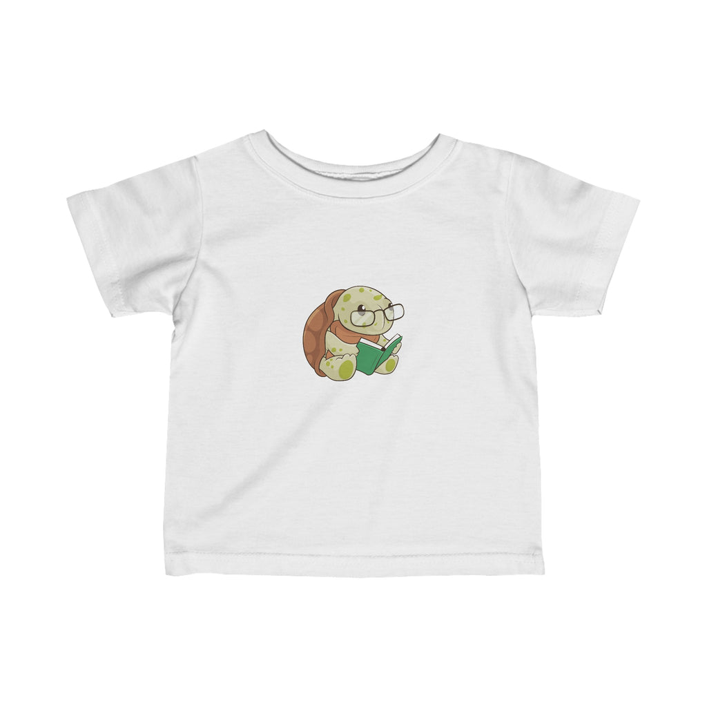 A short-sleeve white shirt with a picture of a turtle.