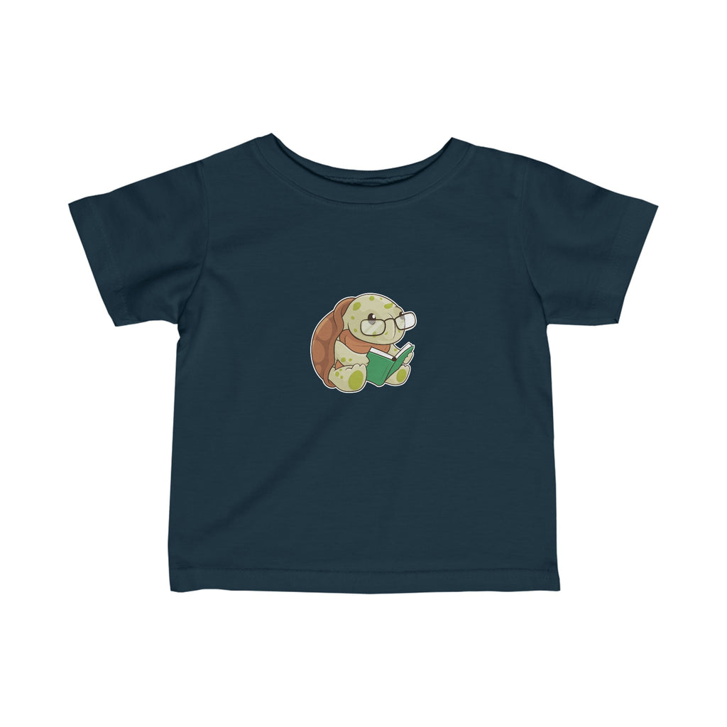 A short-sleeve navy blue shirt with a picture of a turtle.