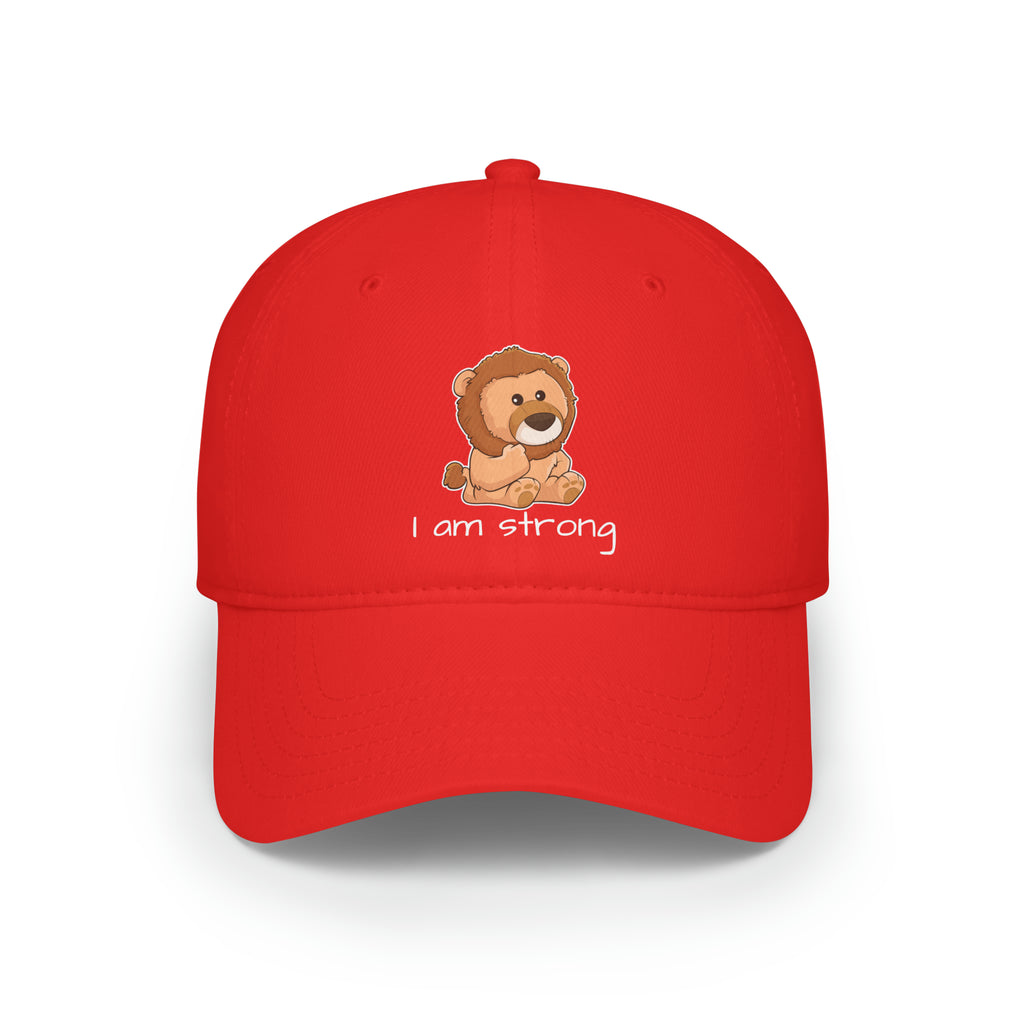 Front-view of a red baseball hat with a picture of a lion that says I am strong.