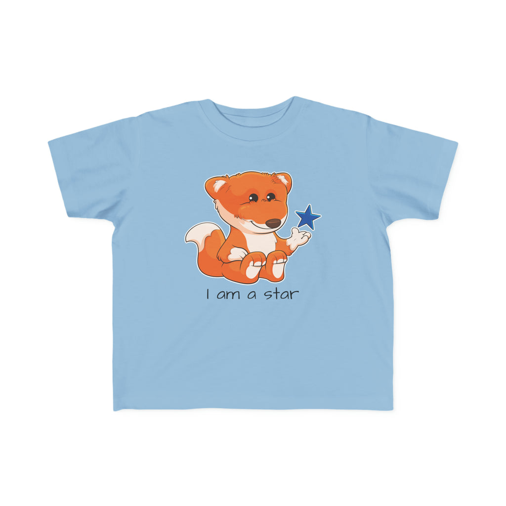 A short-sleeve light blue shirt with a picture of a fox that says I am a star.