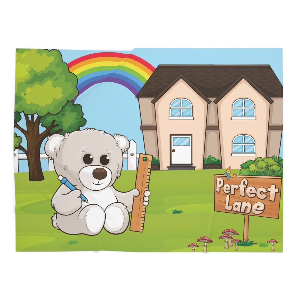 Full-color swaddle blanket with a bear sitting in the yard of its house with a rainbow in the background.