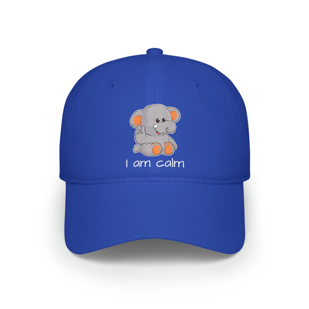 Front-view of a royal blue baseball hat with a picture of an elephant that says I am calm.