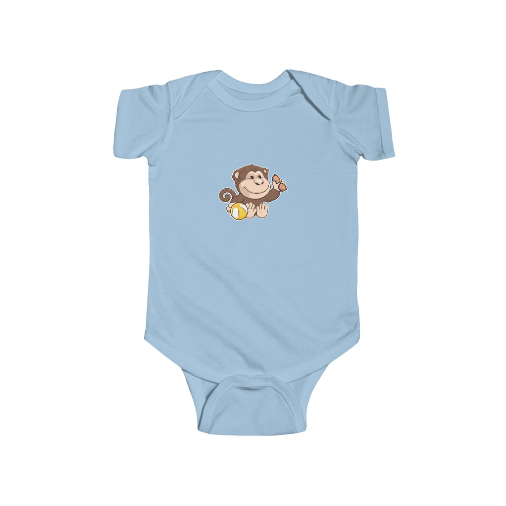 A light blue baby onesie with a picture of a monkey.