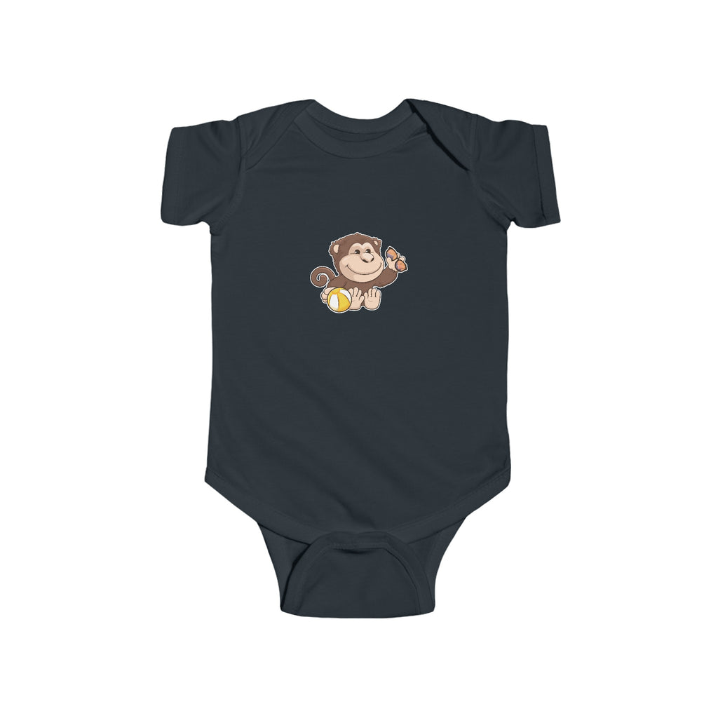 A black baby onesie with a picture of a monkey.