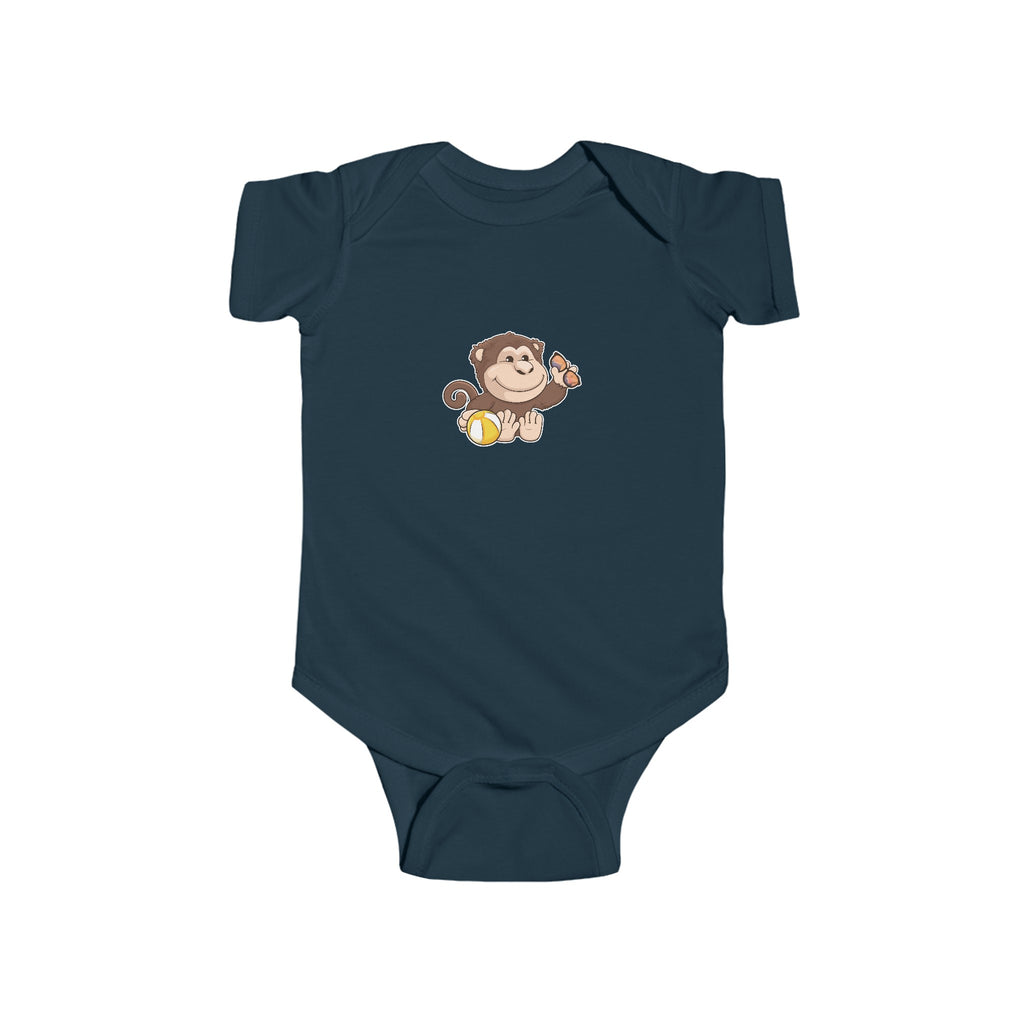 A navy blue baby onesie with a picture of a monkey.