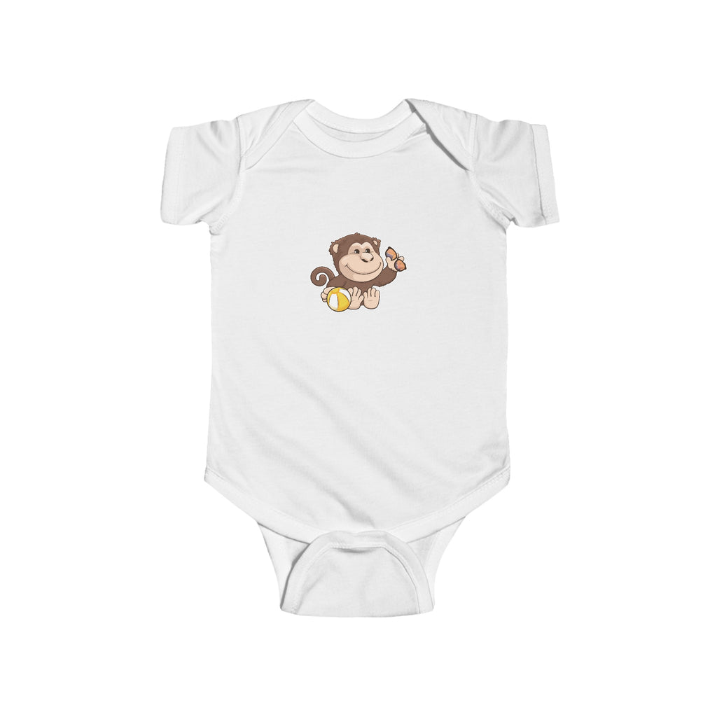 A white baby onesie with a picture of a monkey.