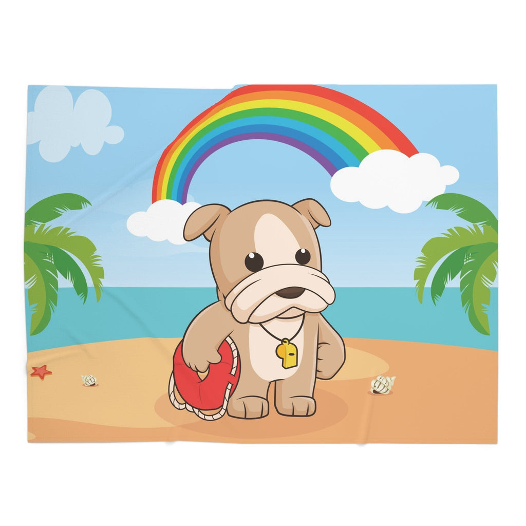 Full-color swaddle blanket with a dog lifeguard standing on a beach with a rainbow in the background.