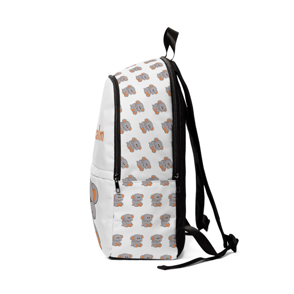 Side-view of a white backpack with a repeating pattern of an elephant on the sides. The bottom half of the front features a large elephant and the top half says "I am calm".