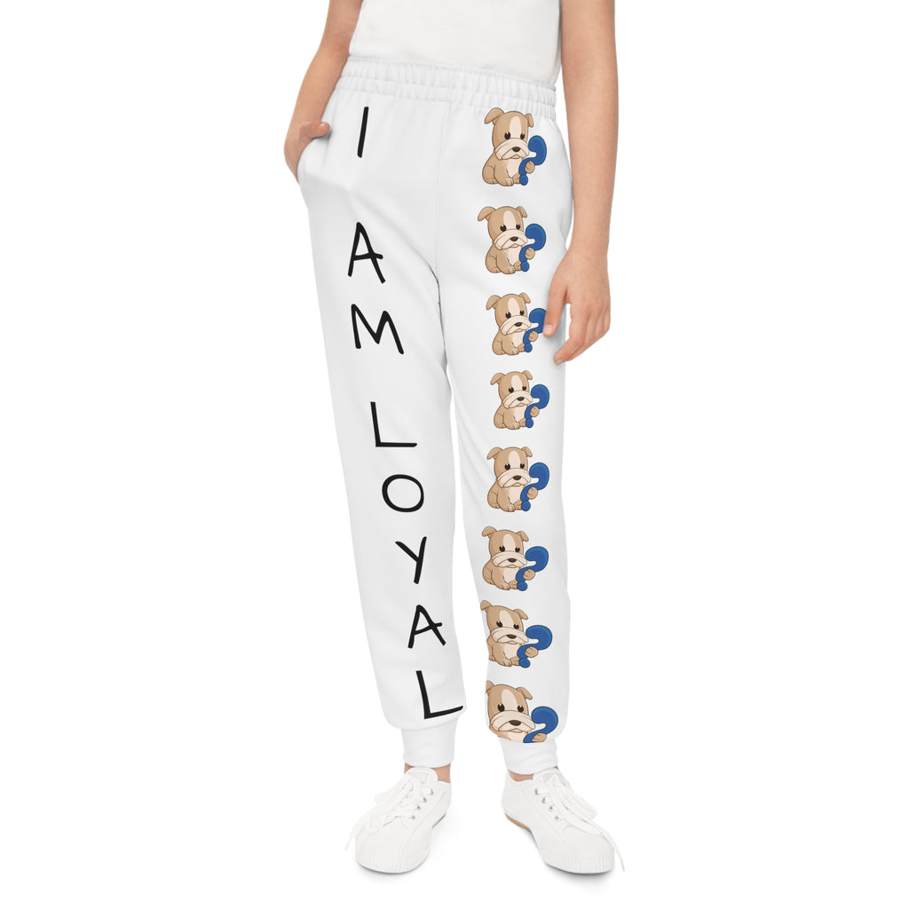 Front-view of a girl wearing white sweatpants with a line of dogs down the front left leg and the phrase "I am loyal" down the front right leg.