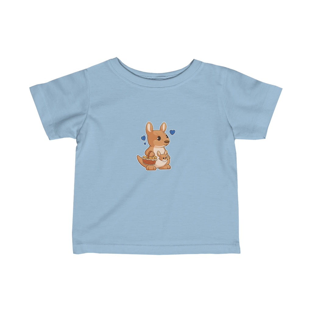 A short-sleeve light blue shirt with a picture of a kangaroo.