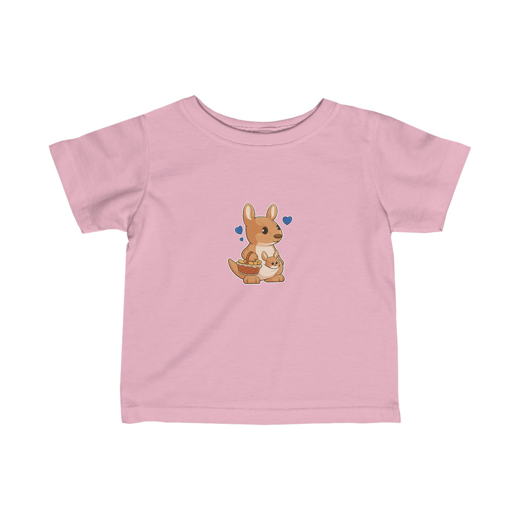 A short-sleeve light pink shirt with a picture of a kangaroo.