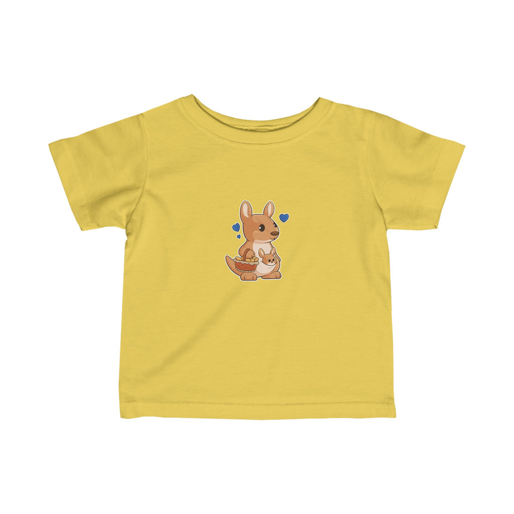A short-sleeve yellow shirt with a picture of a kangaroo.