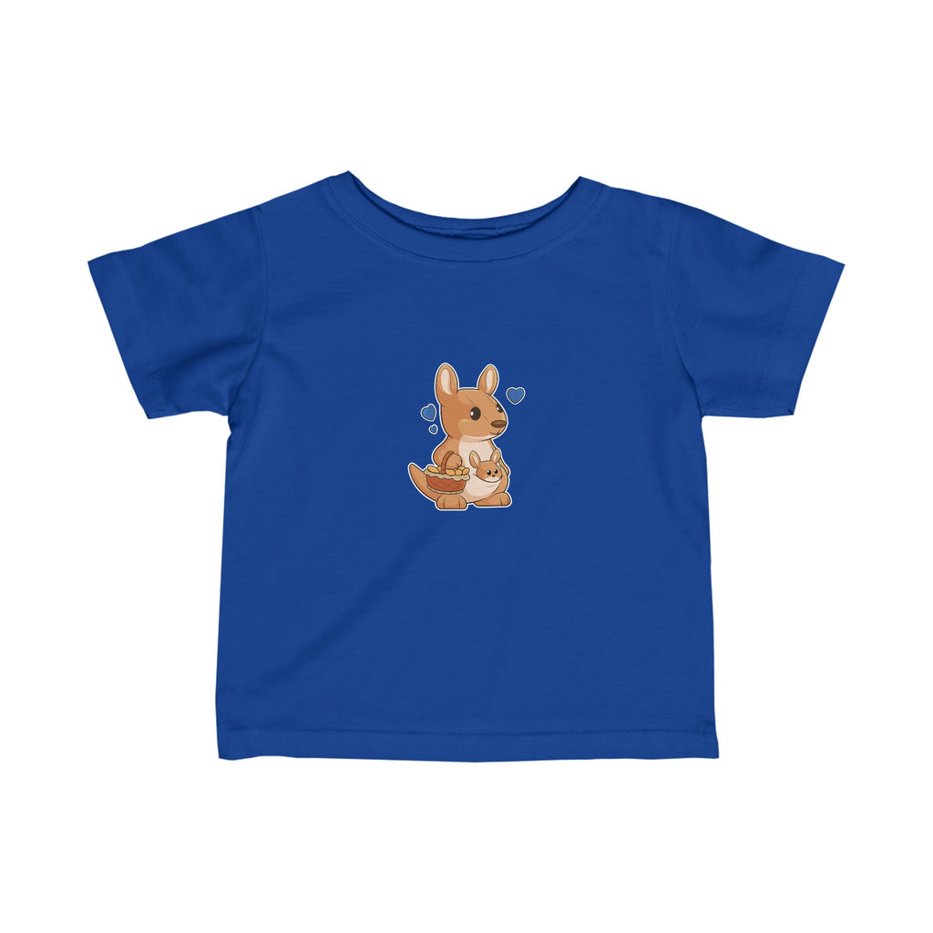 A short-sleeve royal blue shirt with a picture of a kangaroo.
