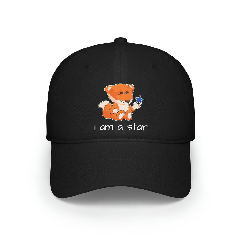 Front-view of a black baseball hat with a picture of a fox that says I am a star.