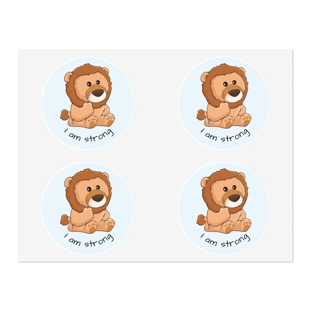 A sheet of 4 round stickers with a picture of a lion that says I am strong.