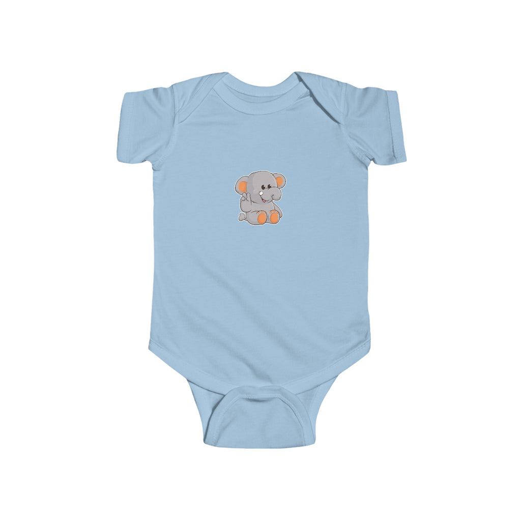 A light blue baby onesie with a picture of an elephant.