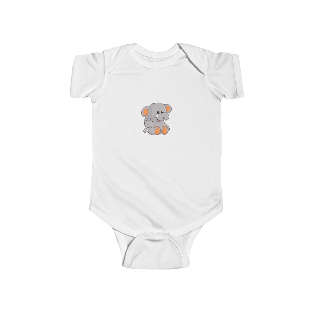 A white baby onesie with a picture of an elephant.