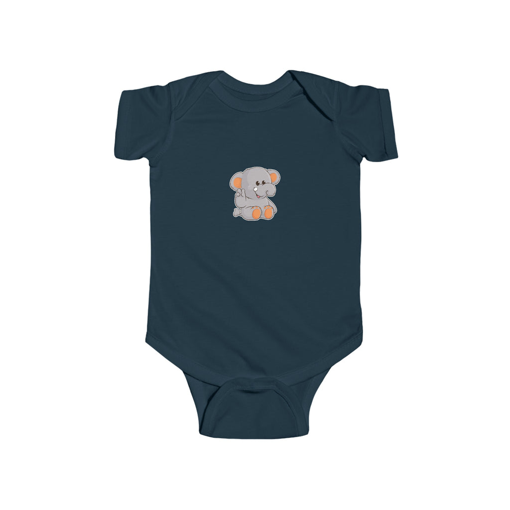 A navy blue baby onesie with a picture of an elephant.