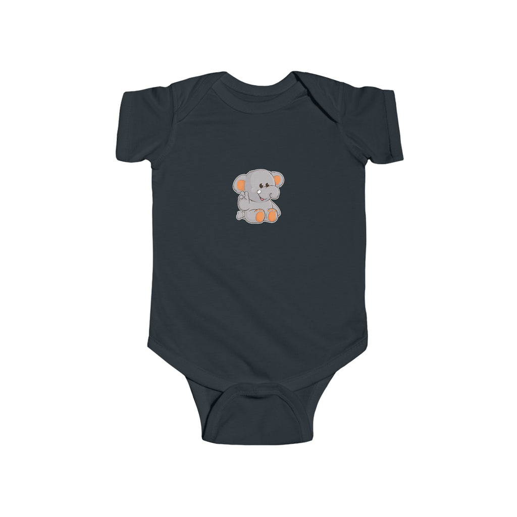A black baby onesie with a picture of an elephant.