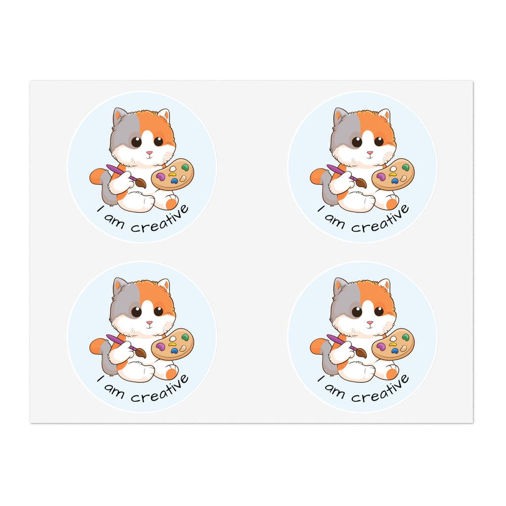 A sheet of 4 round stickers with a picture of a cat that says I am creative.