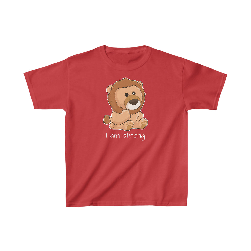 A short-sleeve red shirt with a picture of a lion that says I am strong.