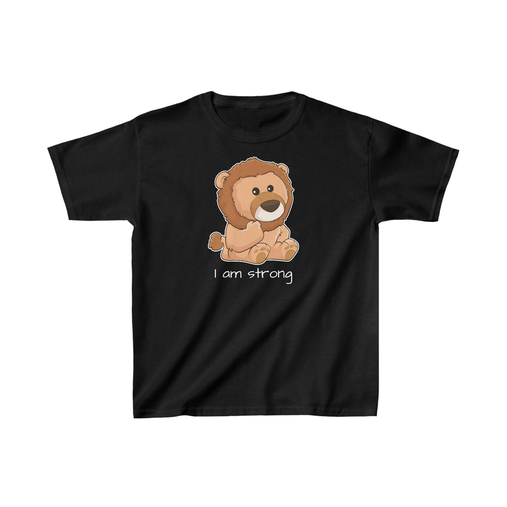 A short-sleeve black shirt with a picture of a lion that says I am strong.