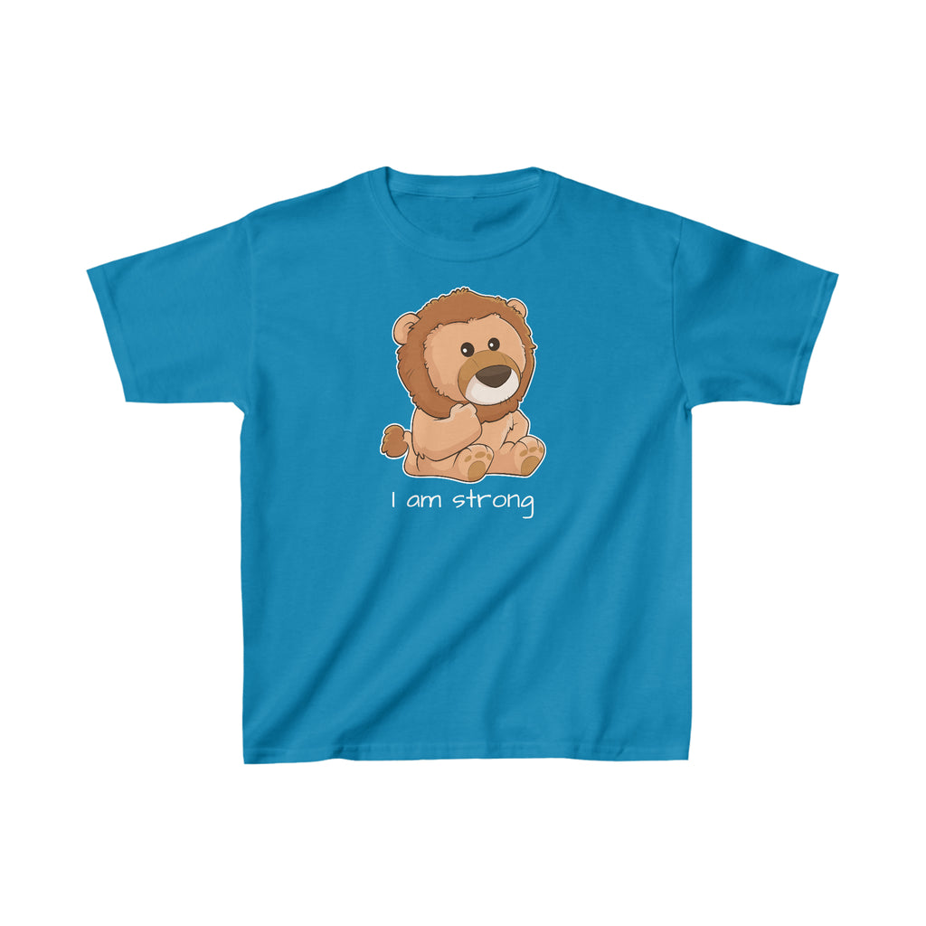 A short-sleeve sapphire blue shirt with a picture of a lion that says I am strong.