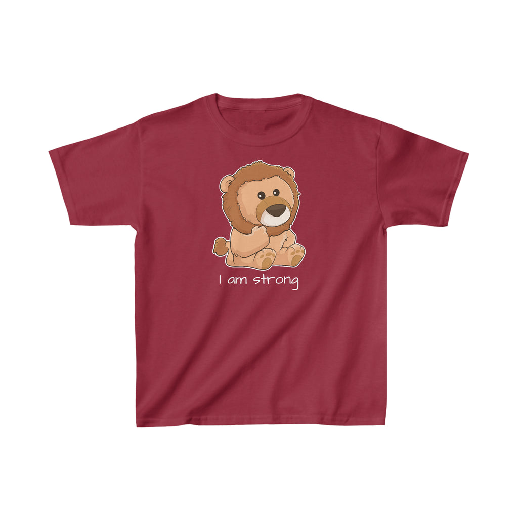 A short-sleeve maroon shirt with a picture of a lion that says I am strong.